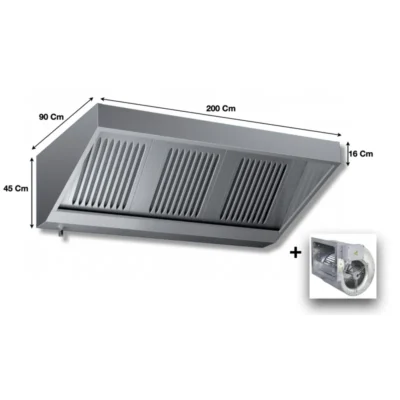 Hotte murale professionnelle inox dynamique Avec moteur- 2000x900x450mm