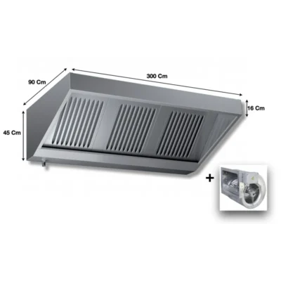 Hotte murale professionnelle inox dynamique Avec moteur - 3000x900x450mm