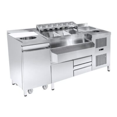 COMBISTEEL - Cocktails bar station réfrigéré incl. évrier, lave-verres, bacs gn, speedrail porte-bouteilles, planche à découper et poubelle