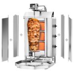 Machine à Kebab döner - Gril vertical à gaz HAUTE PERFORMANCE -3 brûleurs - pour 40kg de viande - 9.75kW - livré avec 2 pare-graisses, 2 volets, 1 broche, bac à graisse, injecteurs gaz naturel et propane