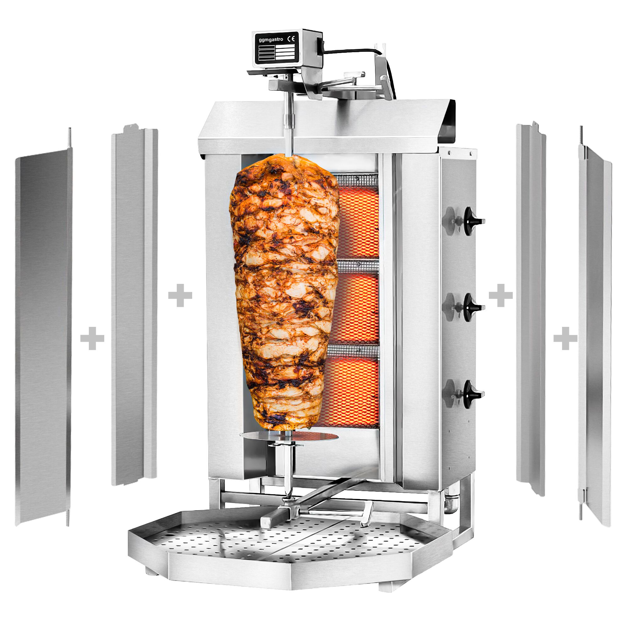 Machine à Kebab döner - Gril vertical à gaz HAUTE PERFORMANCE -3 brûleurs - pour 40kg de viande - 9.75kW - livré avec 2 pare-graisses, 2 volets, 1 broche, bac à graisse, injecteurs gaz naturel et propane Machine à Kebab döner - Gril vertical à gaz HAUTE PERFORMANCE -3 brûleurs - pour 40kg de viande - 9.75kW - livré avec 2 pare-graisses, 2 volets, 1 broche, bac à graisse, injecteurs gaz naturel et propane