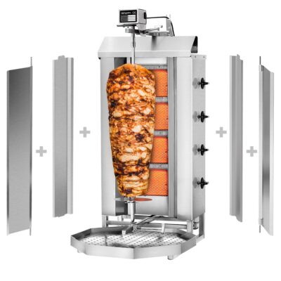 Machine à Kebab döner - Gril vertical à gaz HAUTE PERFORMANCE - 4 brûleurs - 13kW - pour 60kg de viande - livré avec 2 volets, 1 broche, 2 pare-graisses et bac à graisse