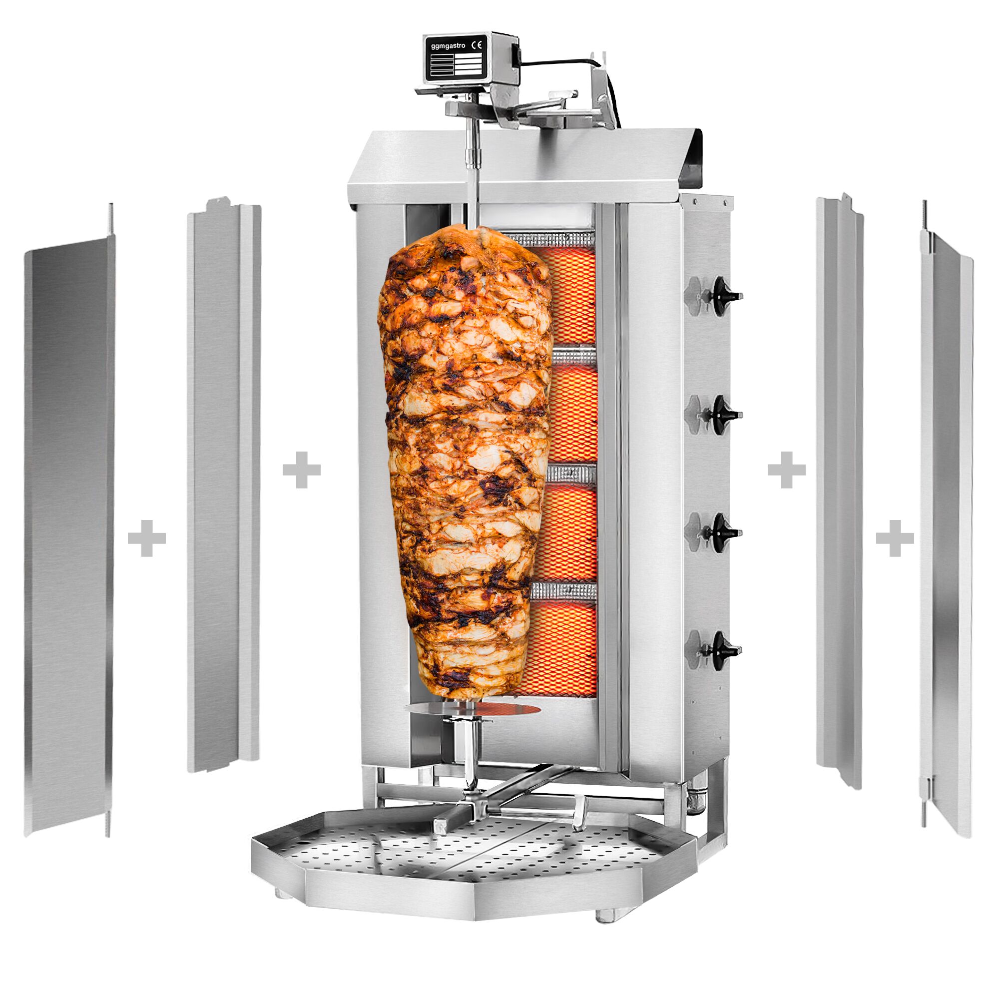 Machine à Kebab döner - Gril vertical à gaz HAUTE PERFORMANCE - 4 brûleurs - 13kW - pour 60kg de viande - livré avec 2 volets, 1 broche, 2 pare-graisses et bac à graisse Machine à Kebab döner - Gril vertical à gaz HAUTE PERFORMANCE - 4 brûleurs - 13kW - pour 60kg de viande - livré avec 2 volets, 1 broche, 2 pare-graisses et bac à graisse