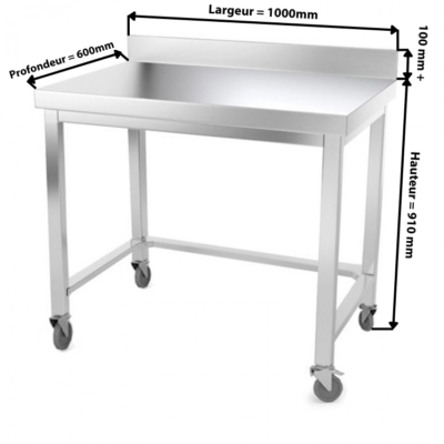 Table de travail inox 1000 x 600 mm x 905 mm adossée avec renfort sur roulettes PREMIUM
