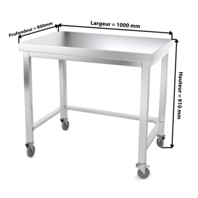 Table de travail inox professionnelle sur roulettes 1000 x 800 mm - renfort AISI 304 PREMIUM