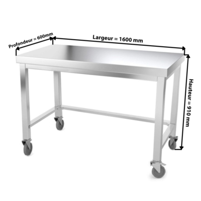 Table de travail inox professionnelle sur roulettes 1000 x 600 mm - renfort AISI 304 PREMIUM