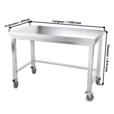 Table de travail inox professionnelle sur roulettes 1500 x 800 mm - renfort AISI 304 PREMIUM
