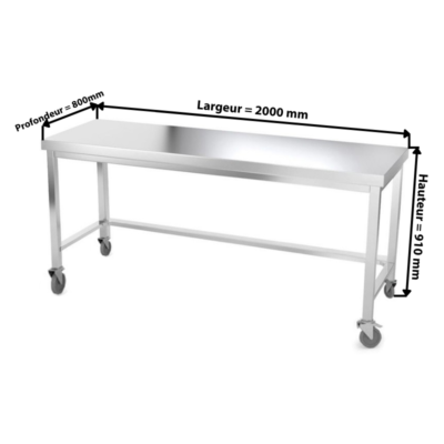 Table de travail inox professionnelle sur roulettes 2000 x 800 mm - renfort AISI 304 PREMIUM