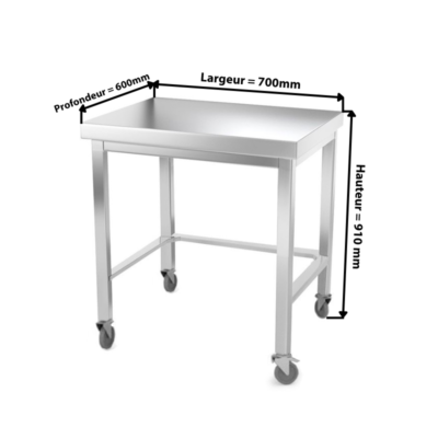 Table de travail inox professionnelle sur roulettes 700 x 600 mm  - renfort AISI 304 PREMIUM