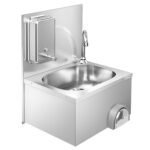 Lave-mains - Acier inoxydable AISI 304 - commande au genou, robinet à droite, dosseret, avec distributeur de savon