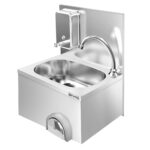 Lave-mains - Acier inoxydable AISI 304 - commande au genou, robinet à droite, dosseret, avec distributeur de savon